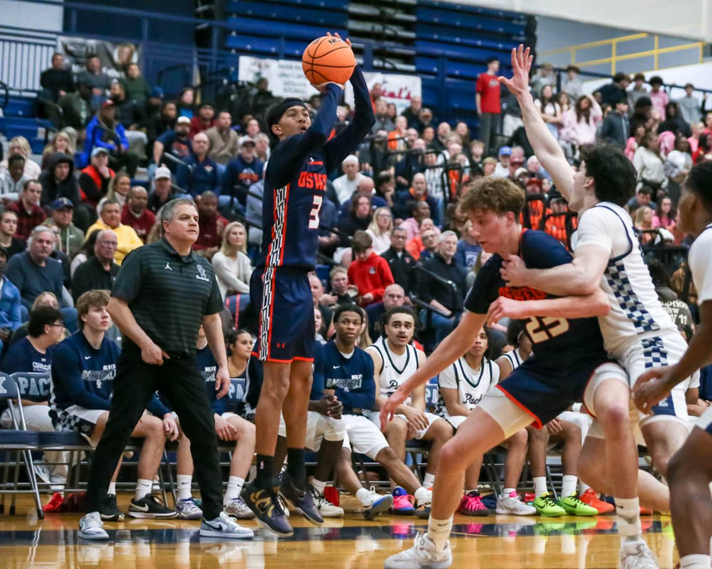 Oswego's Ethan Vahl (3) shoots a jump shot during their basketball game between Oswego at Oswego East, Feb 13, 2026 in Oswego.