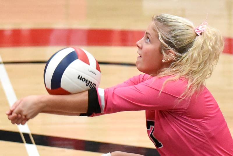 Bradley-Bourbonnais' Lydia Hammond digs the ball during a home game against Champaign Central Thursday, Oct. 23, 2025.