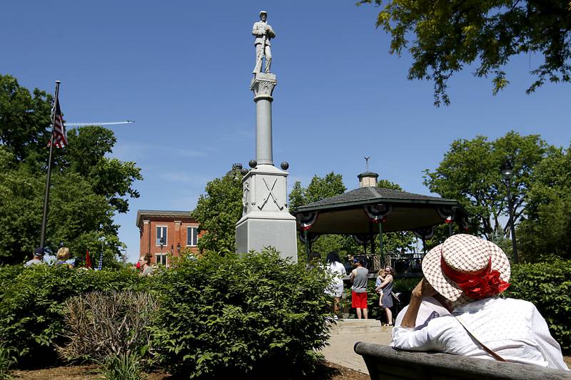 The Civil War Memorial stands tall over the Woodstock Square during the Woodstock VFW Post 5040 City Square Memorial Day Ceremony and Parade on Monday, May 29, 2023, in Woodstock.