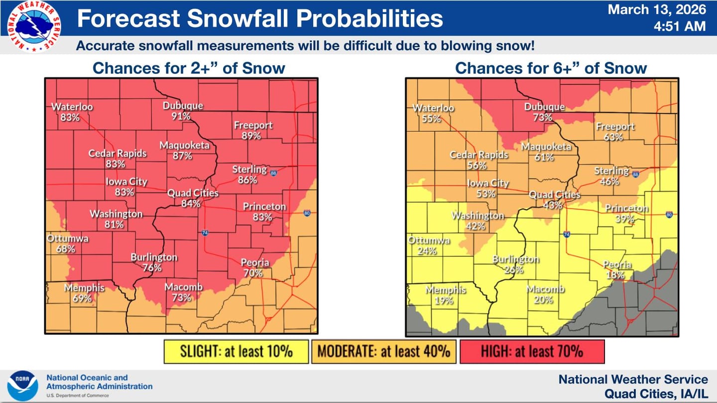 Snowfall probabilities for Sunday's winter storm in northern Illinois and Iowa