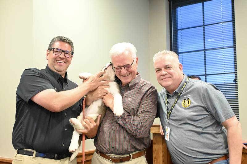 Alderman Andy Moreno, Alderman Mike Sapienza and Alderman Rick O'Sadnick with Haven.