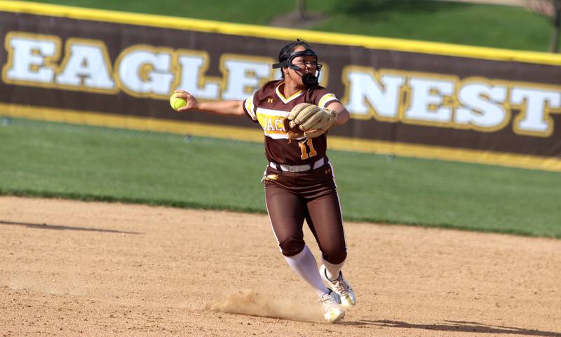 Jacobs’ Jianna Tanada prepares to toss to first for an out against Woodstock North in varsity softball at Algonquin Friday night.