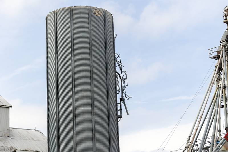 A silo is damaged in Holcomb Friday, April 3, 2026. Thursday evening storms caused a swath of damage across the area.