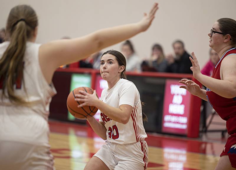 Oregon’s Mya Engelkes looks to put up a shot against Morrison Wednesday, Jan. 17, 2024 at Oregon High School.