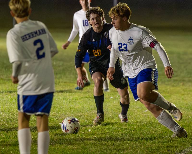 Gavin Pickert (23) of Hinckley-Big Rock dribbles ball during the Little Ten Conference Championship match on Thursday, Oct. 9, 2025 at Hinckley-Big Rock School in Hinckley.