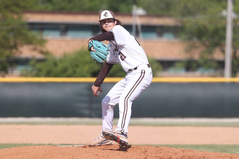 Joliet Catholic’s Michael Tuman delivers a pitch against Leo in the Class 2A sectional semifinal on Thursday, May 25, 2023, in Joliet.