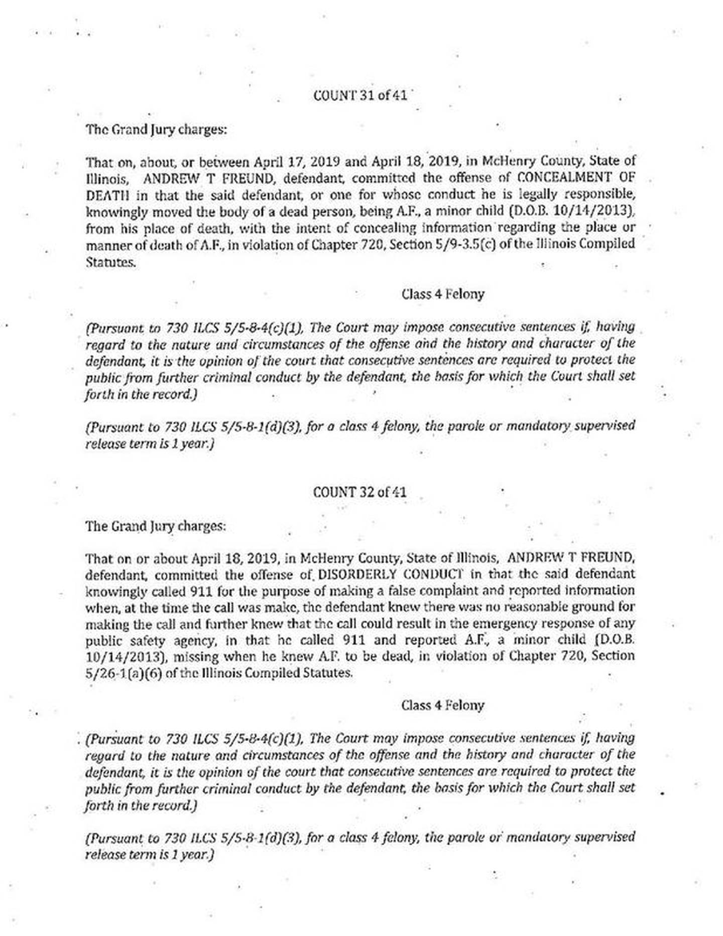 Indictment filed against JoAnn D. Cunningham and Andrew T. Freund, the parents of 5-year-old AJ Freund