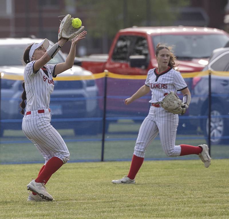 Fulton’s Zoe Kunau hauls in a fly ball against Newman Tuesday, May 19, 2026, at the Class 1A softball regionals at Newman.