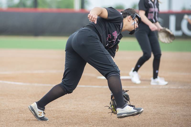 Antioch’s Syerra Gomez makes a play on a bunt against Lemont Friday, June 10, 2022 in the class 3A IHSA state softball semifinal game.