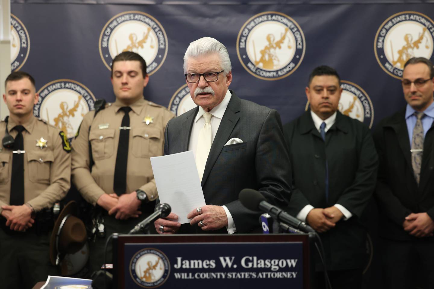 Will County State’s Attorney James Glasgow holds a press conference on Wednesday for the announcement of Jordan Henry’s 22-year prison sentence after Henry was convicted of aggravated vehicular hijacking, armed robbery, fleeing and other offenses.