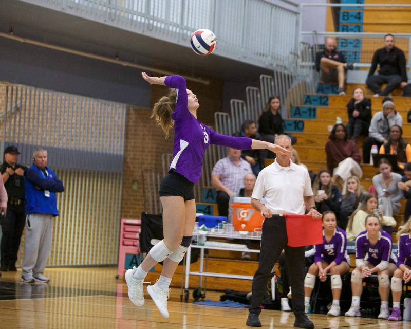 Downer's Grove North's Kelly Crowley serves the ball against Downers Grove South at the Class 4A Willowbrook Sectional Final on Thursday, Nov.7,2024 in Villa Park.