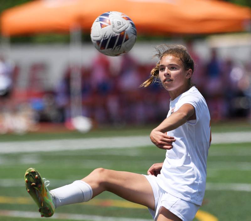 Crystal Lake Central’s Hadley Ferrero controls the ball against De La Salle in the IHSA girls Class 2A third-place soccer game at North Central College in Naperville on Saturday, June 3, 2023.