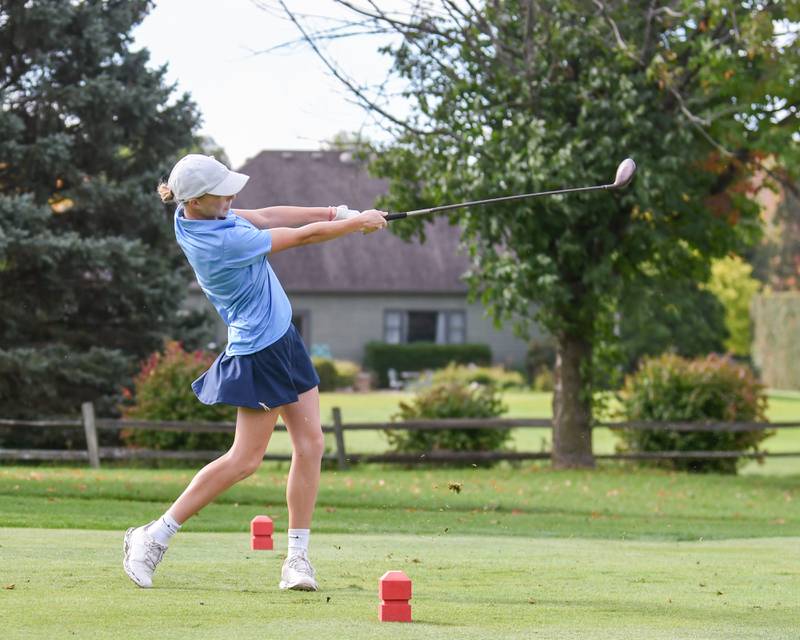 Grace Brown Plainfield South tees off during the Southwest Prairie conference meet on Wednesday Sept. 24, 2025, held at Blackberry Oaks Golf course in Bristal.