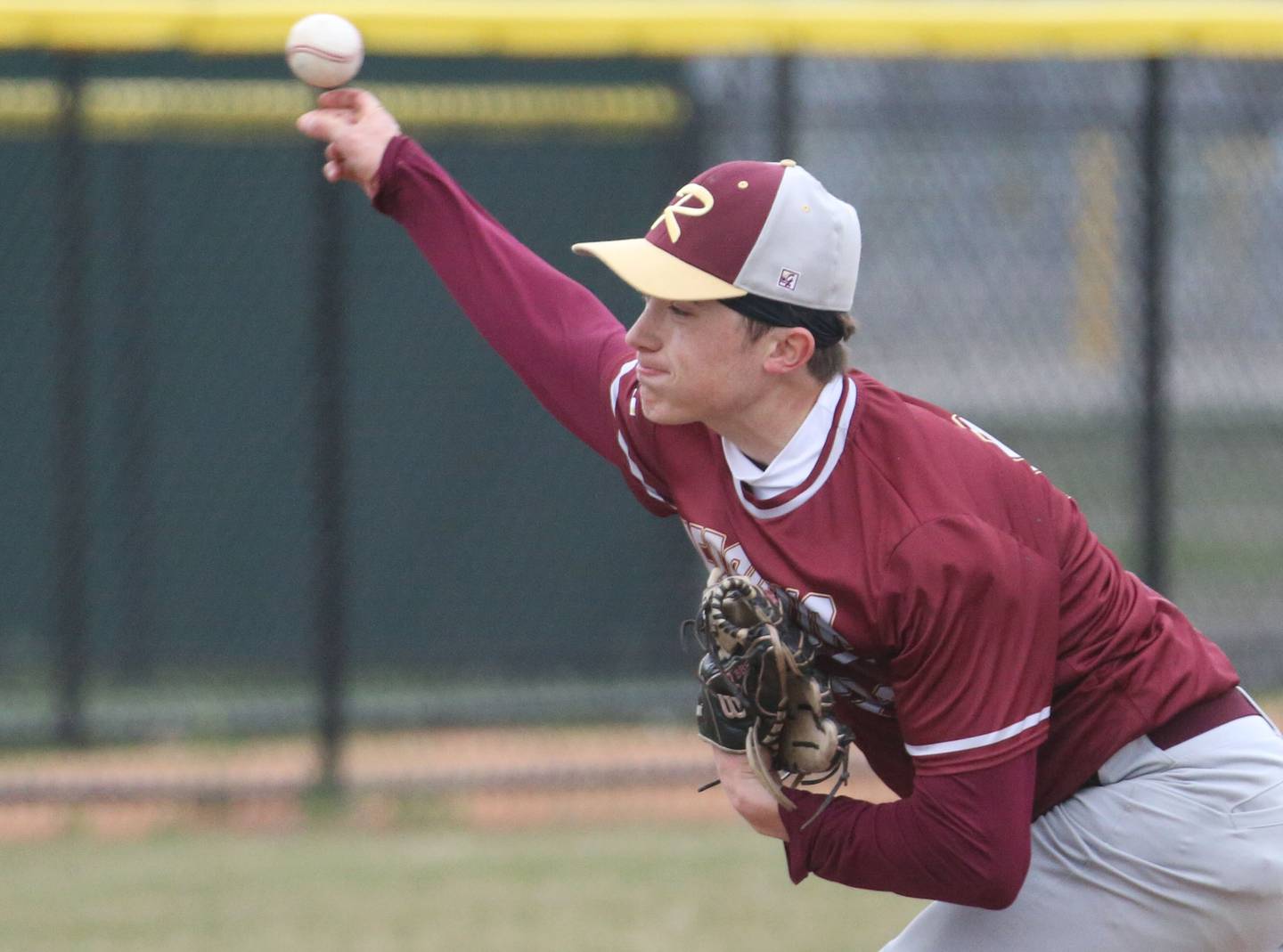 Morris pitcher Brett Bounds fires a pitch to L-P on Wednesday, April 17, 2024 at Huby Sarver Field inside the L-P Athletic Complex in La Salle.