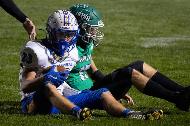 Crisci Aiden of Aurora Central Catholic sits after being tackled by Paxton Giertz of Seneca on Friday, September 27, 2024 at Seneca high school in Seneca.
