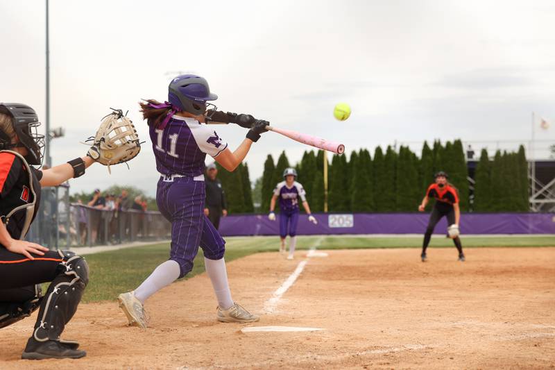 Manteno's Hannah Stritar connects for a triple during Beecher's 14-6 victory over Manteno in the Class 2A Manteno Regional championship on Friday, May 22, 2026.