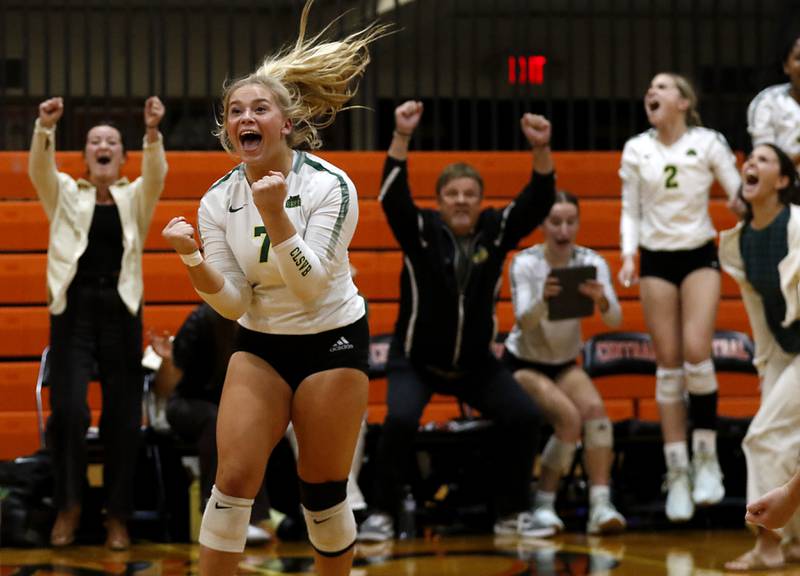 Crystal Lake South's Laken Lepage celebrates the match winning point against Crystal Lake Central in the IHSA Class 3A Crystal Lake Central Regional volleyball final on Oct. 31, 2024, at Crystal Lake Central High School.