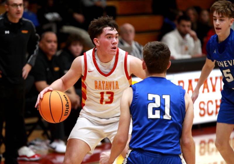 Batavia’s Joseph Daley dribbles the ball during a game against Geneva on Friday, Dec. 20, 2024 in Batavia