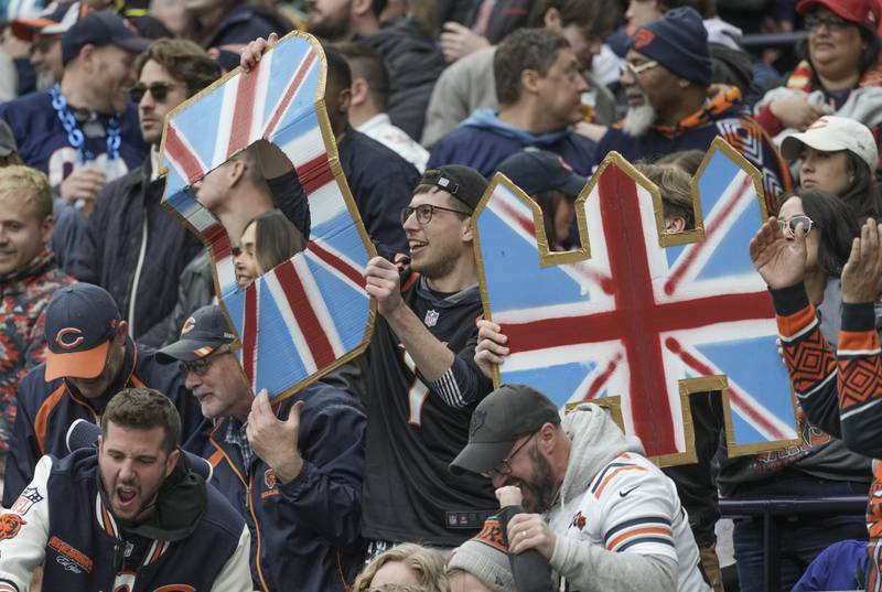 Bears fans celebrate a Defensive Interception during NFL Game between Chicago Bears and Jacksonville Jaguars at Tottenham Hotspur Stadium Sunday ,Oct. 13, 2024 in London,