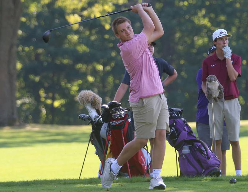 Yorkville's Landon Coe tees off during the Pirate Invitational on Monday, Sept. 15, 2025 at Deer Park Golf Club in Oglesby.