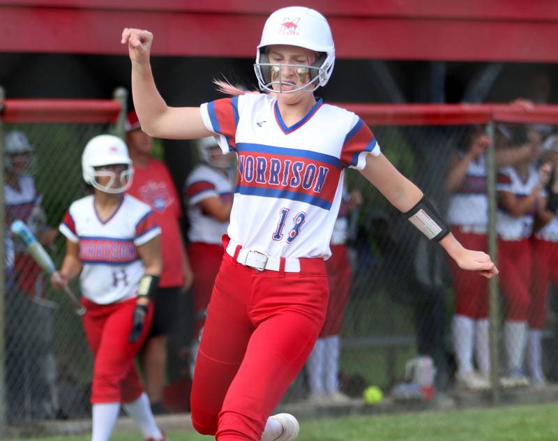 Morrison’s Sophie Damhoff scores against Marengo in IHSA Class 2A Sectional Semifinal softball action at Marian Central High School in Woodstock on Thursday, May 29, 2025.