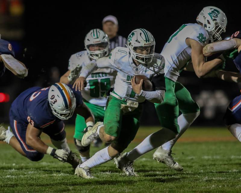 York's Bruno Massel (1) takes off on a designed run during Class 8A second- round football game between York at Oswego on Friday, Nov 8, 2024  in Oswego.