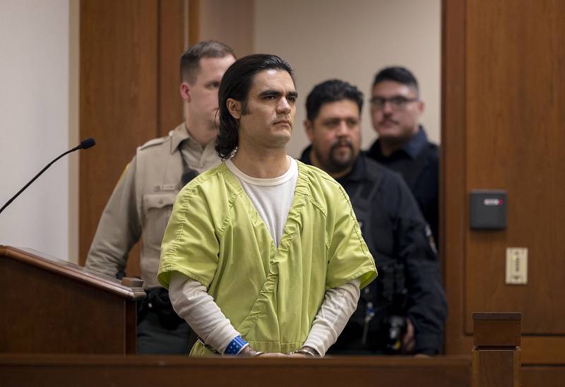 Jonathon Gounaris enters court in Ogle County Thursday, Nov. 21, 2024. Gounaris, 32, is being charged with four counts of attempted first-degree murder.