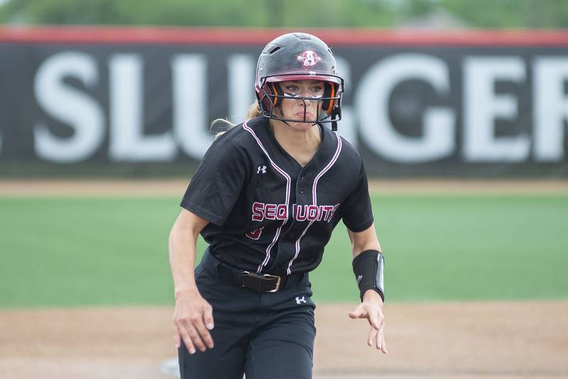 Antioch’s Miranda Gomez heads for third before scoring against Lemont Friday, June 10, 2022 in the class 3A IHSA state softball semifinal game.