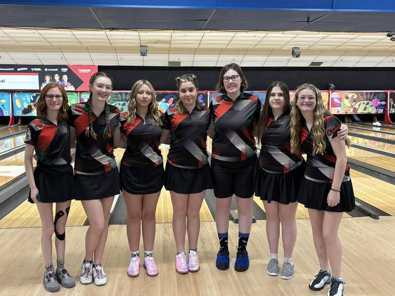 Members of the La Salle-Peru girls bowling team pose for a photo at the IHSA state tournament on Saturday, Feb. 22, 2025 at Cherry Bowl in Rockford.