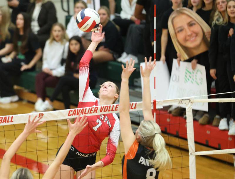 L-P's Aubrey Duttliger sends a kill past Washington's Haley Ashley during the Class 3A Sectional final game on Thursday, Nov. 6, 2025 in Sellett Gymnasium at L-P High School.