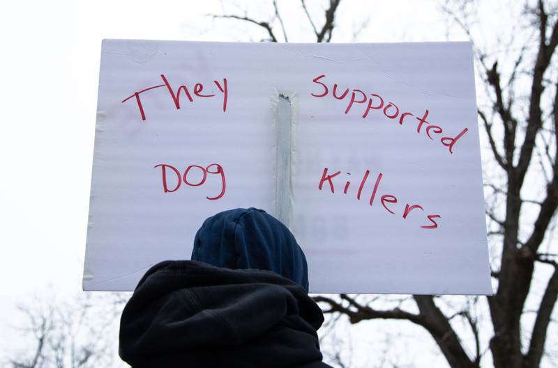 Steve Kostro of Wayne protests in front of the Little Home Church by the Wayside in Wayne on Saturday, Jan. 7, 2023. Inside the church a town hall meeting took place to discuss an architectural review of the village hall and police department.
