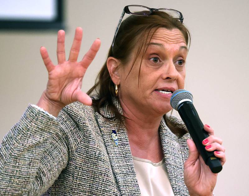 State Rep. Amy “Murri” Briel, D-Ottawa, talks Friday, July 11, 2025, about some of the difficulties facing Illinois residents during her town hall at at Northern Illinois University’s Holmes Student Center in DeKalb. Briel will be hosting town halls later this year in Oglesby and Utica.