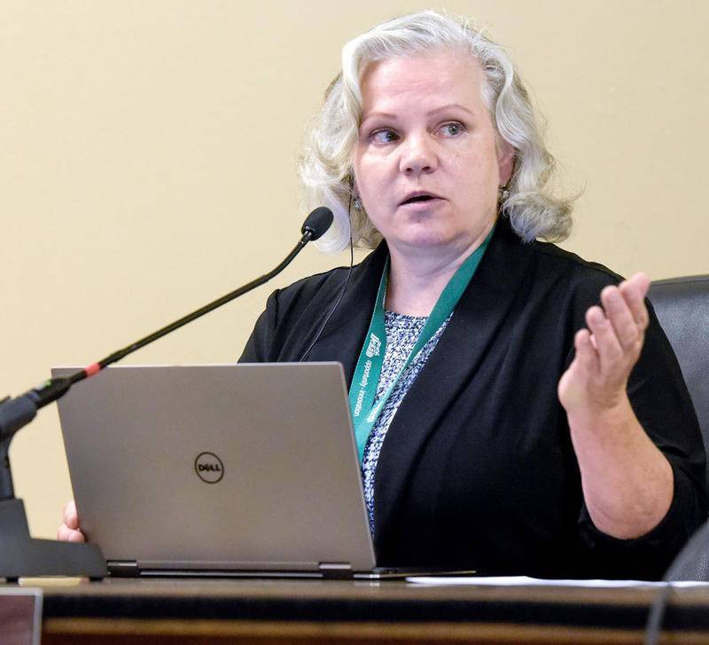DeKalb City Clerk Lynn Fazekas speaks to issue pertaining the clerks office during the DeKalb City Council meeting on Monday, Aug. 26, 2019 in DeKalb.