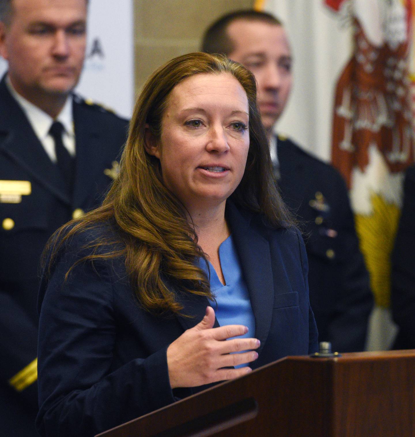 Kane County State’s Attorney Jamie L. Mosser speaks during a press conference Wednesday. The North Aurora Police Department and the Kane County States’s Attorney’s Office announced that they have determined that the late Bruce Lindahl, who is suspected in several other 1970s murders, is person who killed 19-year old Halle in March, 1979.
