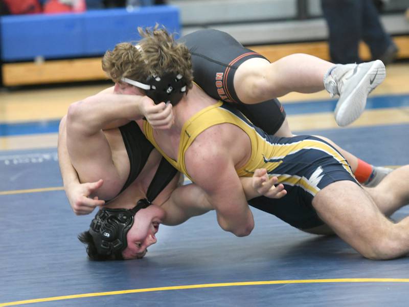 Forreston's Maddux Hayden (top) wrestles Byron's Josh Harris at the 1A Wrestling Regional at Eastland High School on Saturday, Feb. 4.