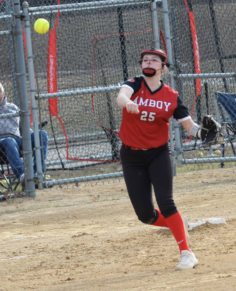 Amboy third baseman Alyvia Welchel throws to first against Oregon on Tuesday, March 18, 2025 at Oregon Park West.