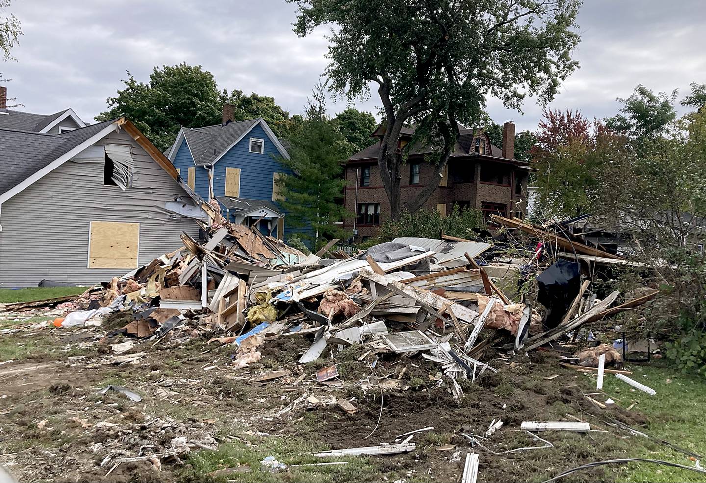 The remains of home in the 300 block of Lincoln Avenue on Tuesday, October 10, 2023, after an explosion following a gas leak in the area leveled one  home as caused several fires.
