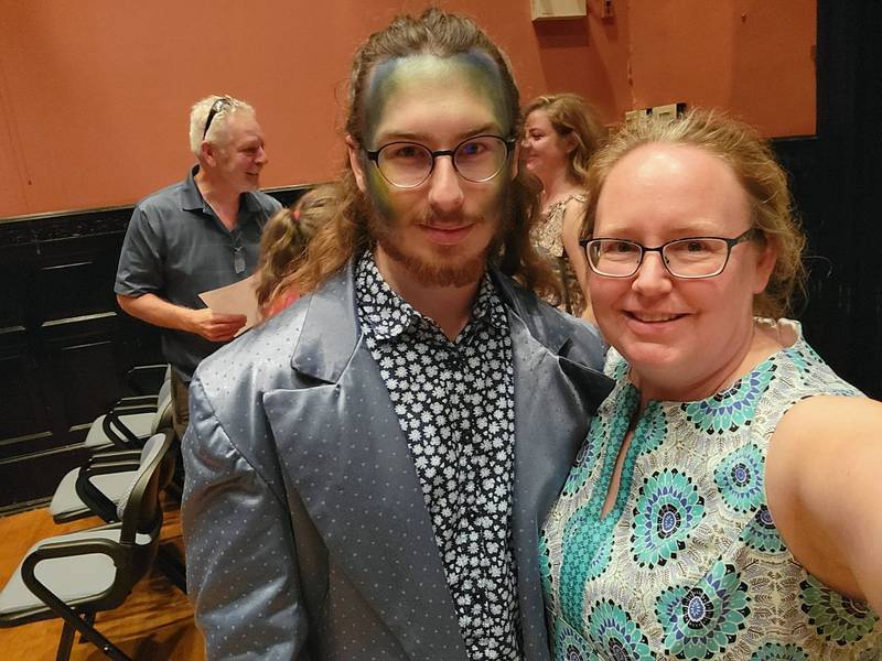 Aaron Anderson and his mom Tracy Anderson, during the weekend of July 29, 2022, at the production of Dvorak's Rusalka, Aaron Anderson's first opera performance held at the Academy of Vocal Arts in Philadelphia. He only began taking opera singing lessons within the last year at McHenry County College.