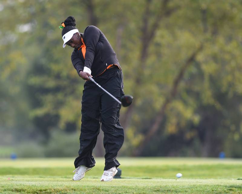 Kendall Battle Plainfield East tees off during the Southwest Prairie conference meet on Wednesday Sept. 24, 2025, held at Blackberry Oaks Golf course in Bristal.