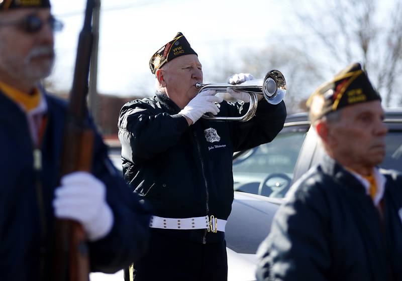 John Widmayer, of the Woodstock Veterans of Foreign Wars Post 5040 Honor Guard, sounds off taps during a Veterans Day ceremony Friday Nov. 11, 2022, at the Woodstock Veterans of Foreign Wars Post 5040, 240 N. Throop St. The ceremony featured speeches by Woodstock Mayor Michael Turner and Post Cmdr. Fred Strauss, a 21-gun salute and a luncheon.