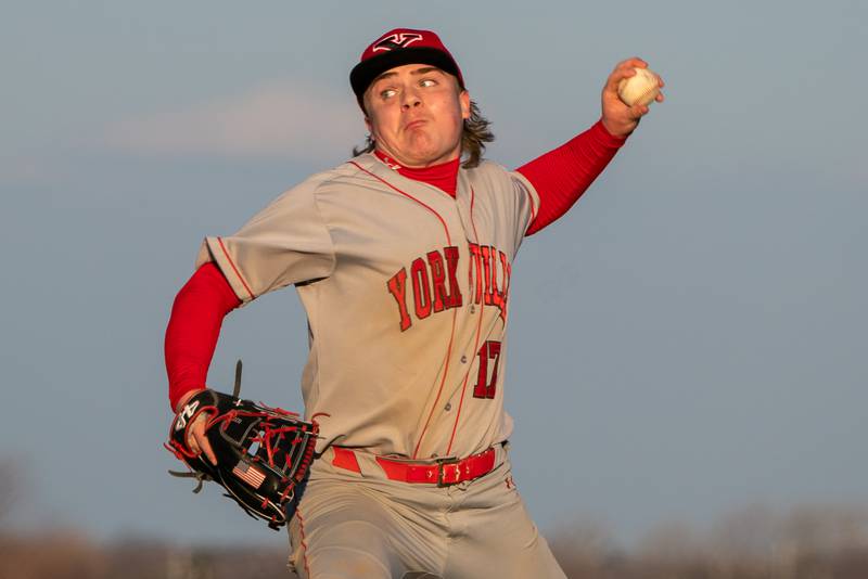Yorkville's Kam Yearsley (17) delivers a pitch against Marmion during a baseball game at Marmion High School in Aurora on Tuesday, Mar 28, 2023.