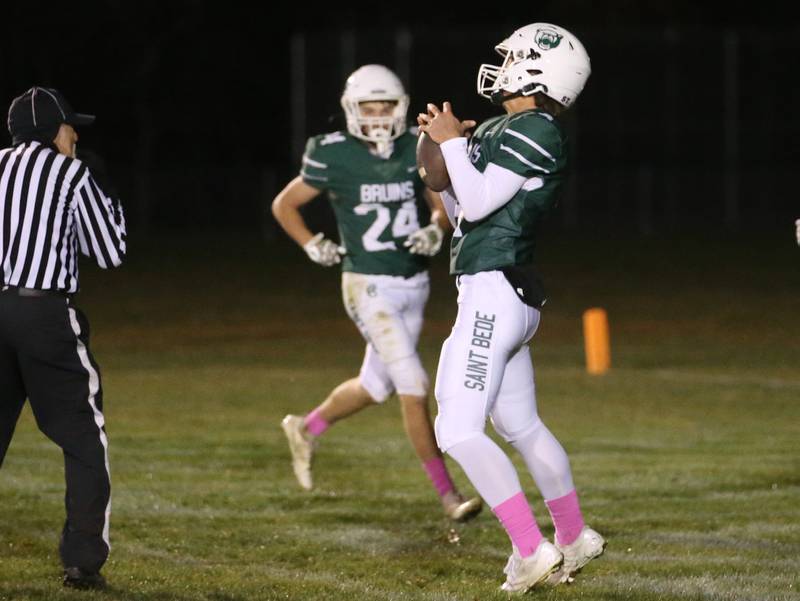 St. Bede's AJ Hermes makes in interception catch against Ottawa on Friday, Oct. 25, 2024 at St. Bede Academy.