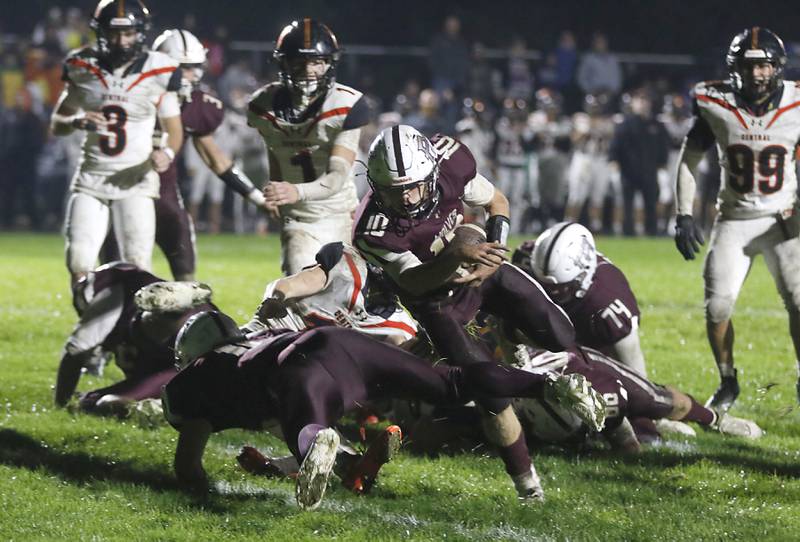 Prairie Ridge's Jack Finn scores a touchdown during a Fox Valley Conference football game against Crystal Lake Central on Friday, Oct. 13, 2023, at Prairie Ridge High School in Crystal Lake.