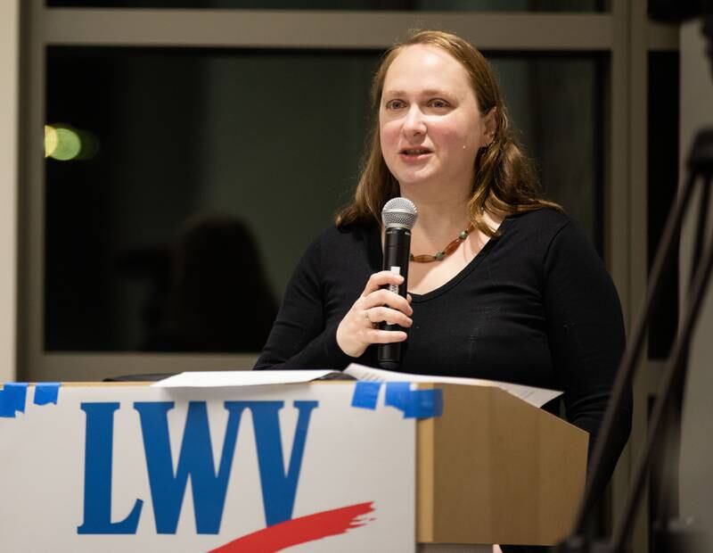 Geneva First Ward Candidate Anais Bowering speaks during the League of Women Voters' Public Forum at the Geneva Public Library  on Thursday, Feb. 16, 2023.