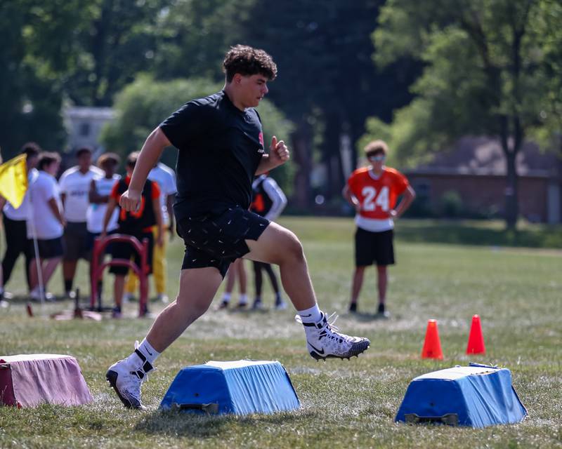 Yorkville competes in agility drills at the West Aurora High School Battle of the Big Butts Linemen Challenge.  July 14, 2022.