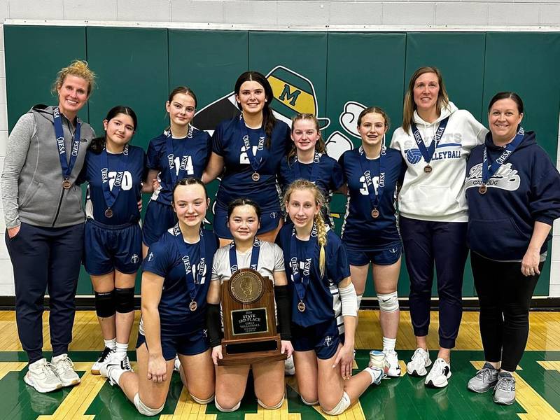 The Trinity Catholic eighth grade volleyball team placed third in the IESA Class 1A tournament. Team members are Allie Inman, Sofia Sarabia, Lily Tielebein, Aubrey Urbanski, Hanna Waszkowiak, Hailey O'Hare, Payden Kelly and Mary Simonetta. The team is coached by Laura Urbanski, Tara Duncan and Liz Gryzbowski.