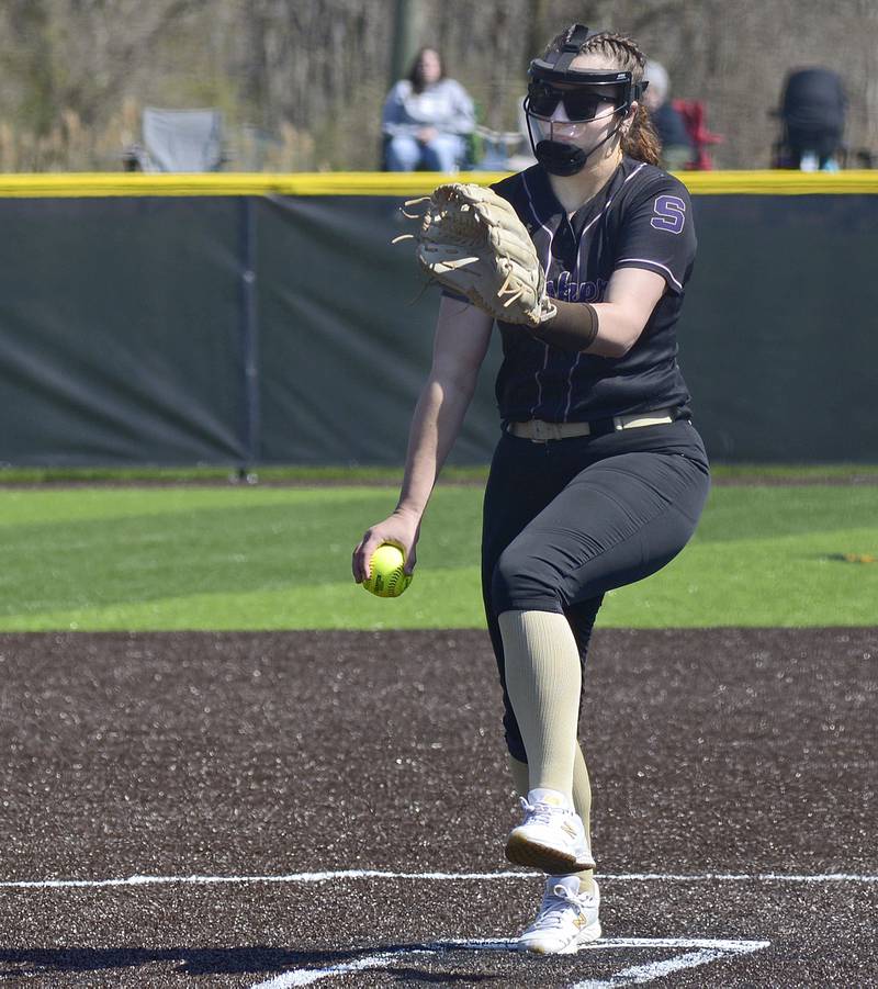 Serena starting pitcher Maddie Glade fires a pitch during first game against Seneca Saturday at Seneca.