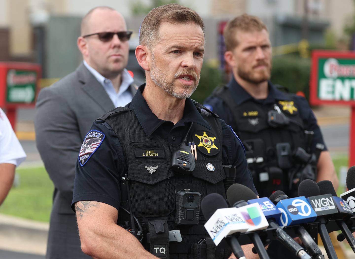 Oswego Police Chief Jason Bastin speaks Wednesday, July 30, 2025, during a press conference after a car crashed into the entrance of the Portillo’s at 2810 U.S. Route 34 in Oswego.