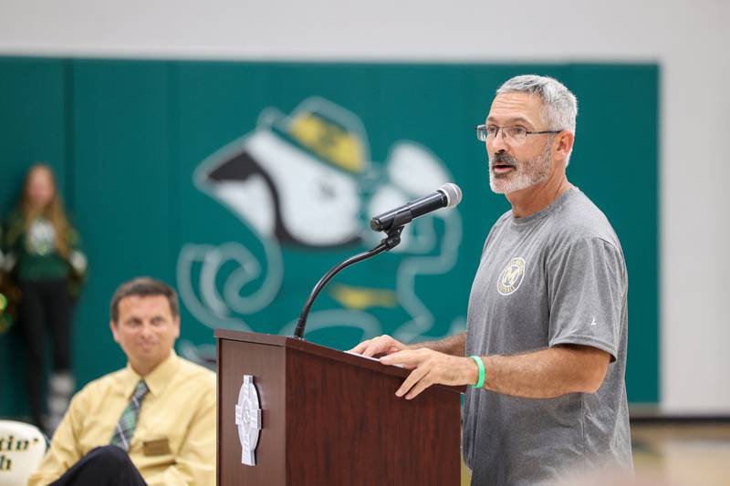Bishop McNamara's new head football coach Greg Youngblood speaks during the ribbon-cutting ceremony for the new Rich Zinanni Athletic Complex on Thursday, Aug. 21, 2025.
