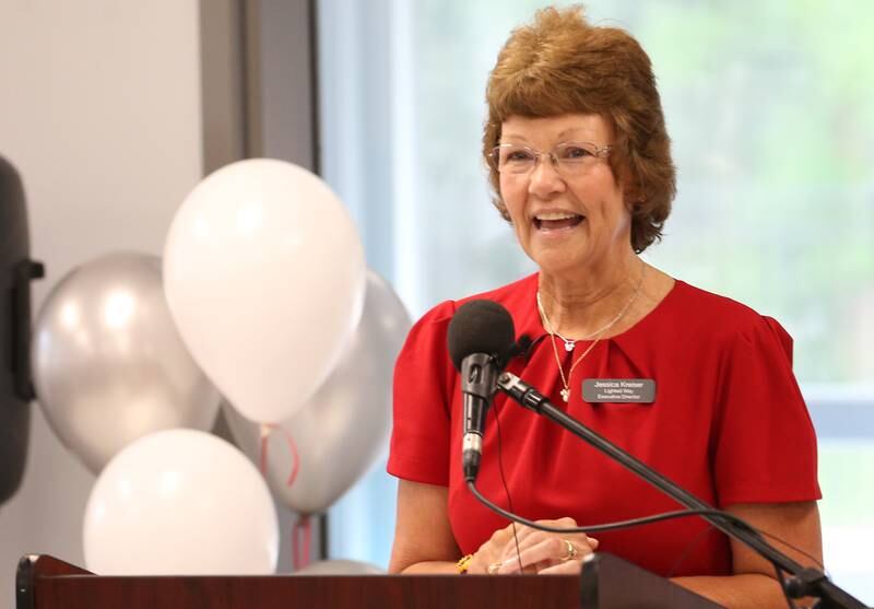Jessica Kreiser executive director of Lighted Way gives a speech  during the ribbon cutting and dedication on Saturday, Aug. 5, 2023 in La Salle.